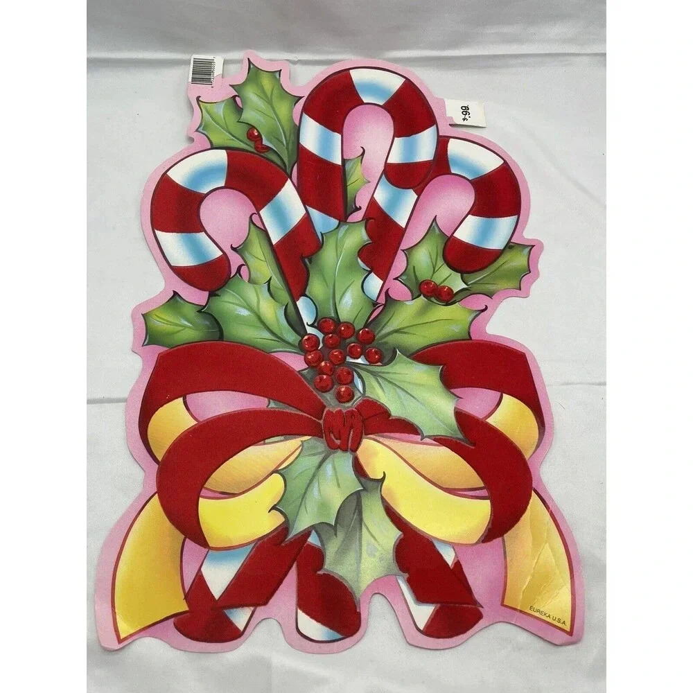 Vintage Christmas Eureka Die Cut Fuzzy Candy Cane Pink Wall Decoration USA